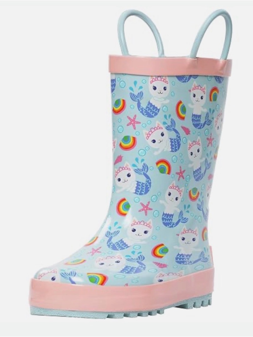 Pretty pink blue kitty cat mermaid rainbow rubber handle rainboots size 12 or 29